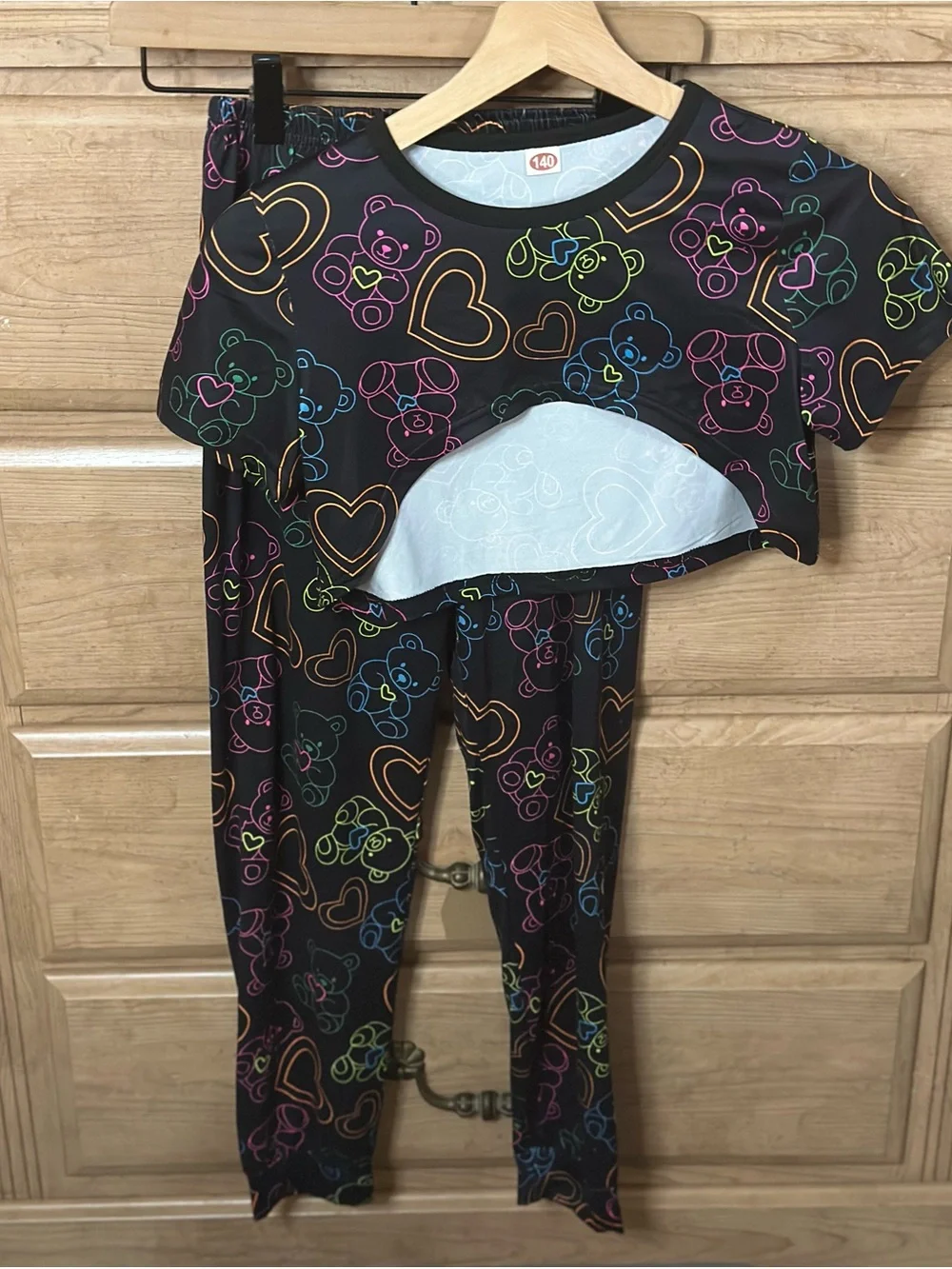 Black Neon Heart & Teddy Bear Print Matching 2pc Cropped Top & Pants Tween Set